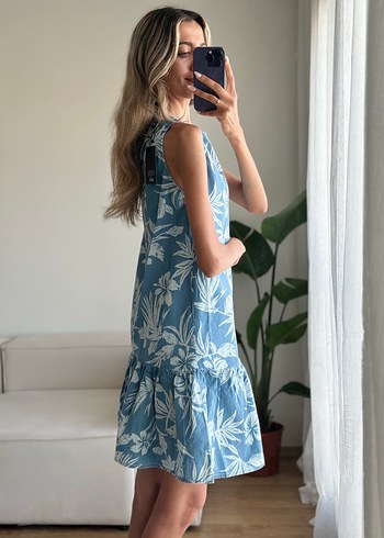 Mavi Çiçek Desenli denim Kolsuz Mini Elbise - Görsel 6