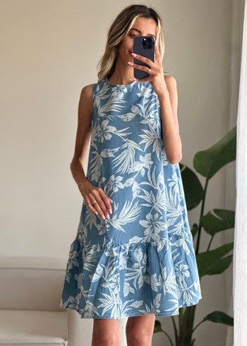 Mavi Çiçek Desenli denim Kolsuz Mini Elbise - Görsel 3