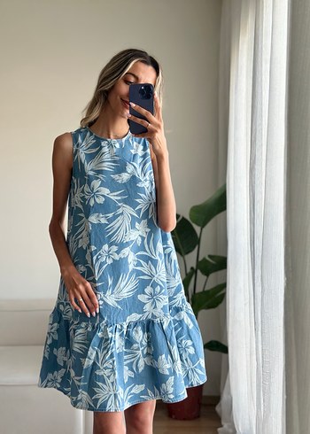 Mavi Çiçek Desenli denim Kolsuz Mini Elbise - Görsel 2