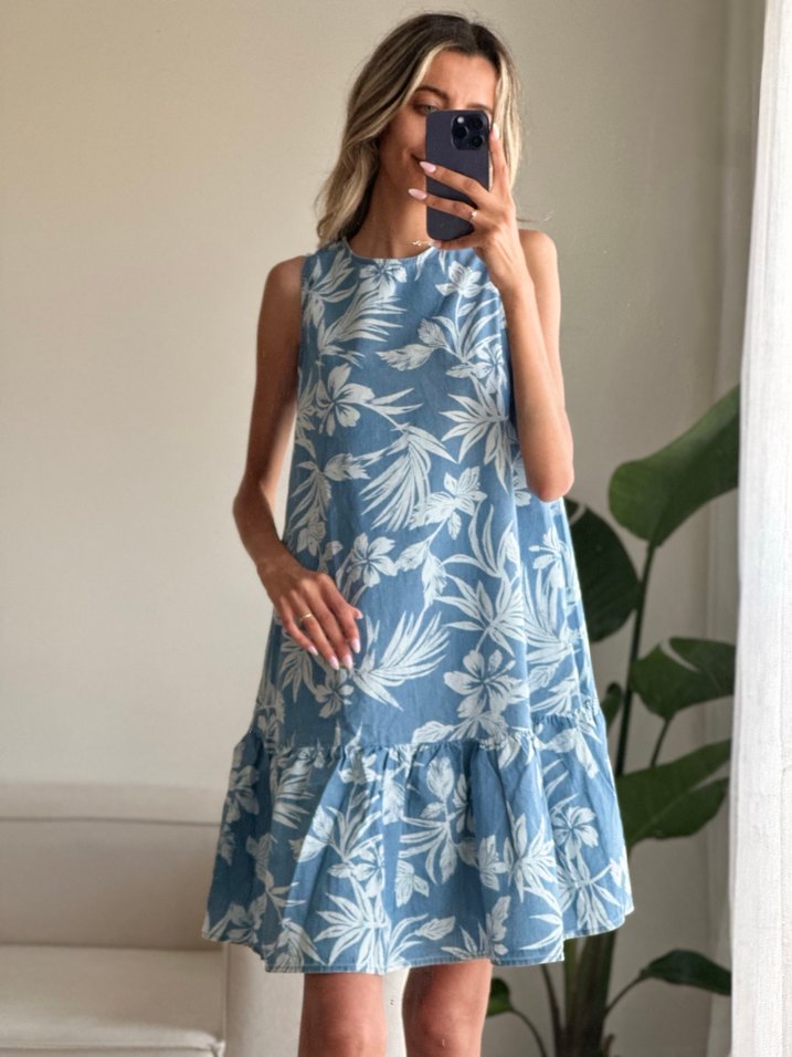 Mavi Çiçek Desenli denim Kolsuz Mini Elbise - Görsel 3