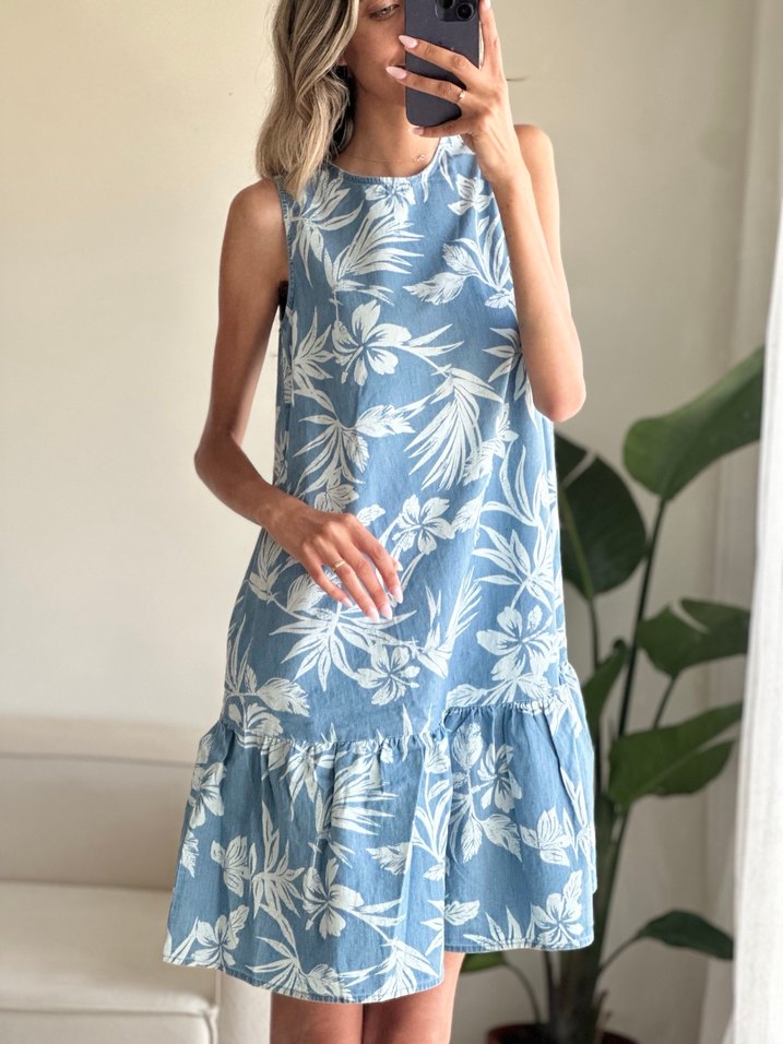 Mavi Çiçek Desenli denim Kolsuz Mini Elbise - Görsel 4