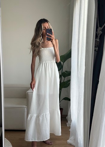 Beyaz Straplez Bohem Uzun Keten Elbise - Görsel 5
