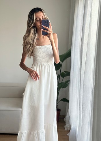 Beyaz Straplez Bohem Uzun Keten Elbise - Görsel 6