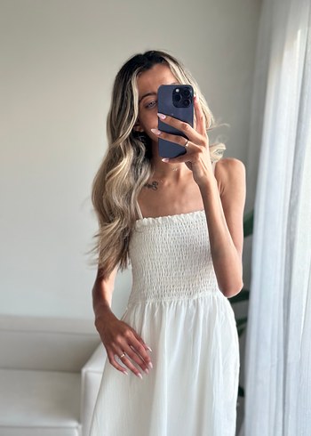 Beyaz Straplez Bohem Uzun Keten Elbise - Görsel 7