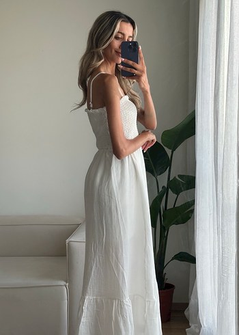 Beyaz Straplez Bohem Uzun Keten Elbise - Görsel 2