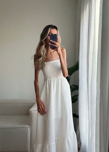 Beyaz Straplez Bohem Uzun Keten Elbise - Görsel 8