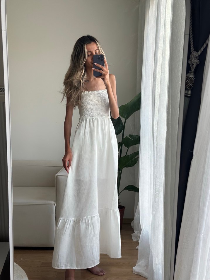 Beyaz Straplez Bohem Uzun Keten Elbise - Görsel 5