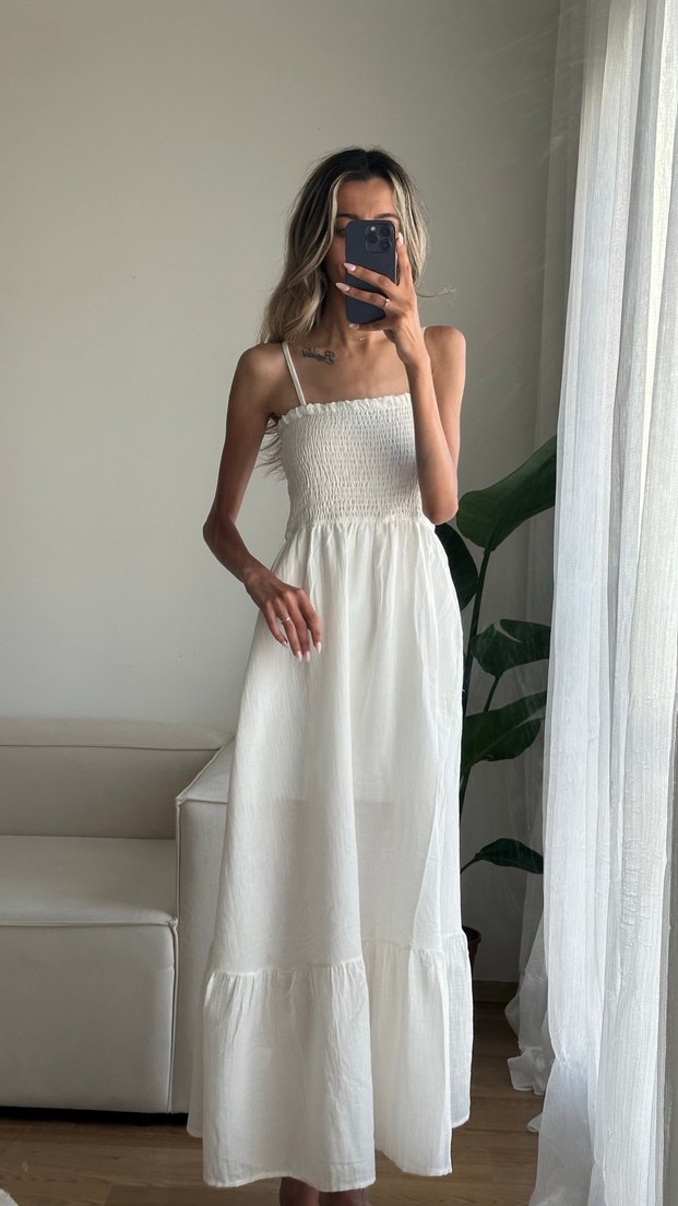 Beyaz Straplez Bohem Uzun Keten Elbise - Görsel 3