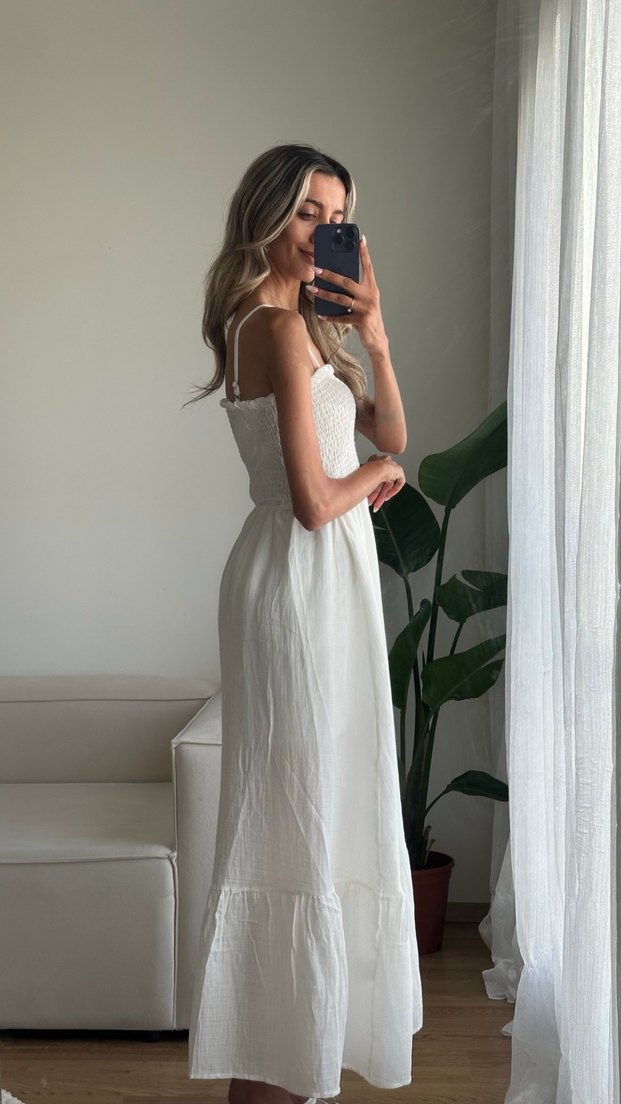 Beyaz Straplez Bohem Uzun Keten Elbise - Görsel 2