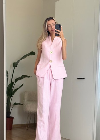 Pudra Renkli Keten Uzun Kadın Takım - Görsel 2