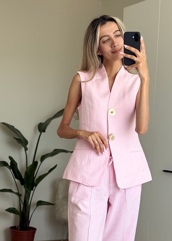 Pudra Renkli Keten Uzun Kadın Takım - Görsel 4