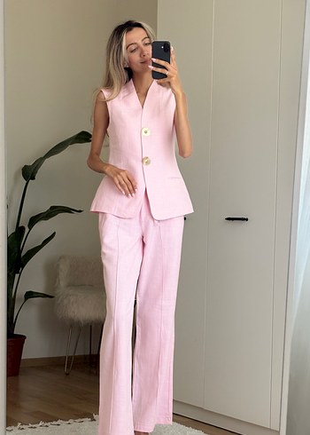 Pudra Renkli Keten Uzun Kadın Takım - Görsel 6