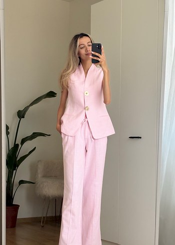 Pudra Renkli Keten Uzun Kadın Takım - Görsel 3