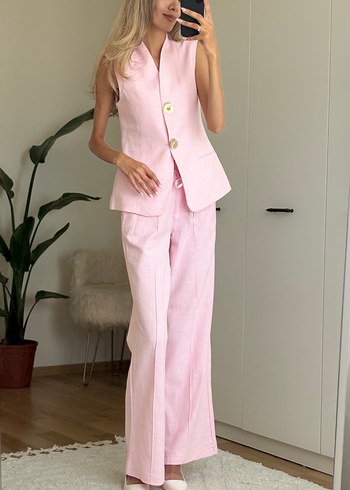 Pudra Renkli Keten Uzun Kadın Takım - Görsel 10