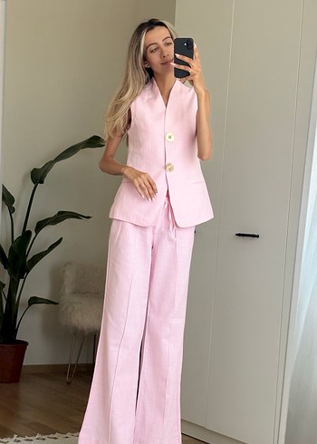 Pudra Renkli Keten Uzun Kadın Takım - Görsel 5