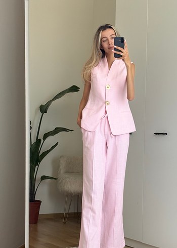 Pudra Renkli Keten Uzun Kadın Takım - Görsel 9