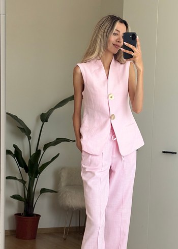 Pudra Renkli Keten Uzun Kadın Takım - Görsel 8