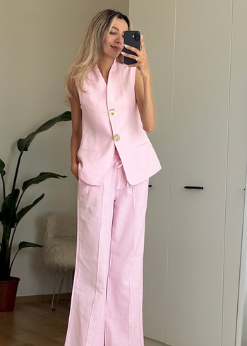 Pudra Renkli Keten Uzun Kadın Takım - Görsel 7