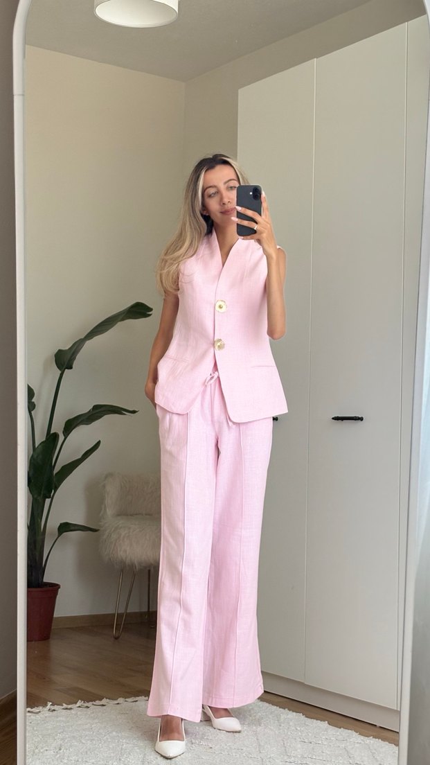 Pudra Renkli Keten Uzun Kadın Takım - Görsel 2