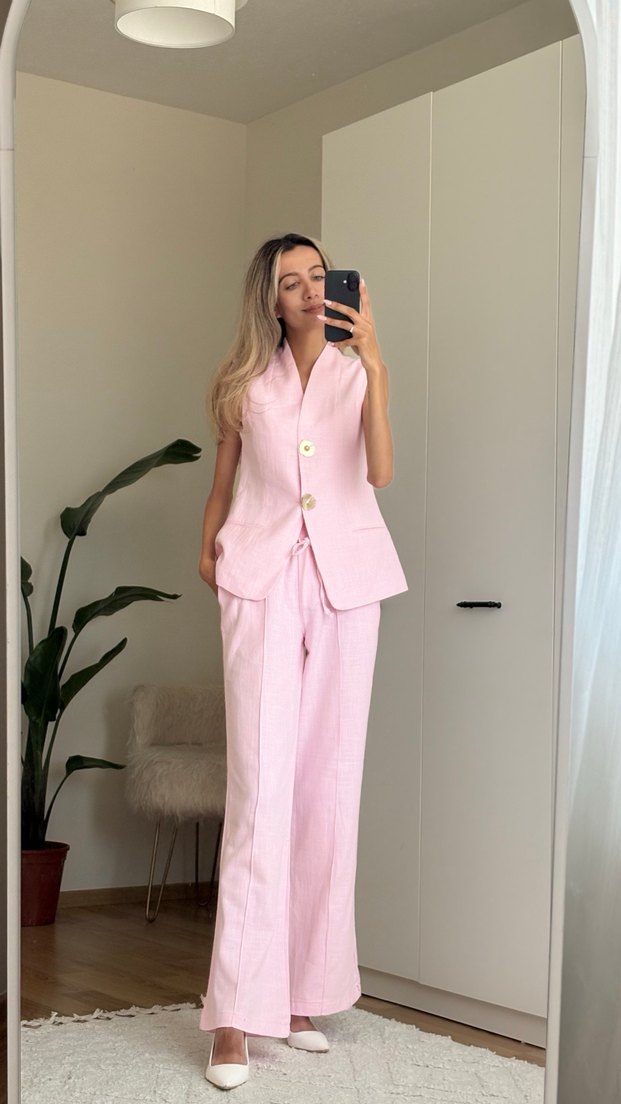 Pudra Renkli Keten Uzun Kadın Takım - Görsel 3