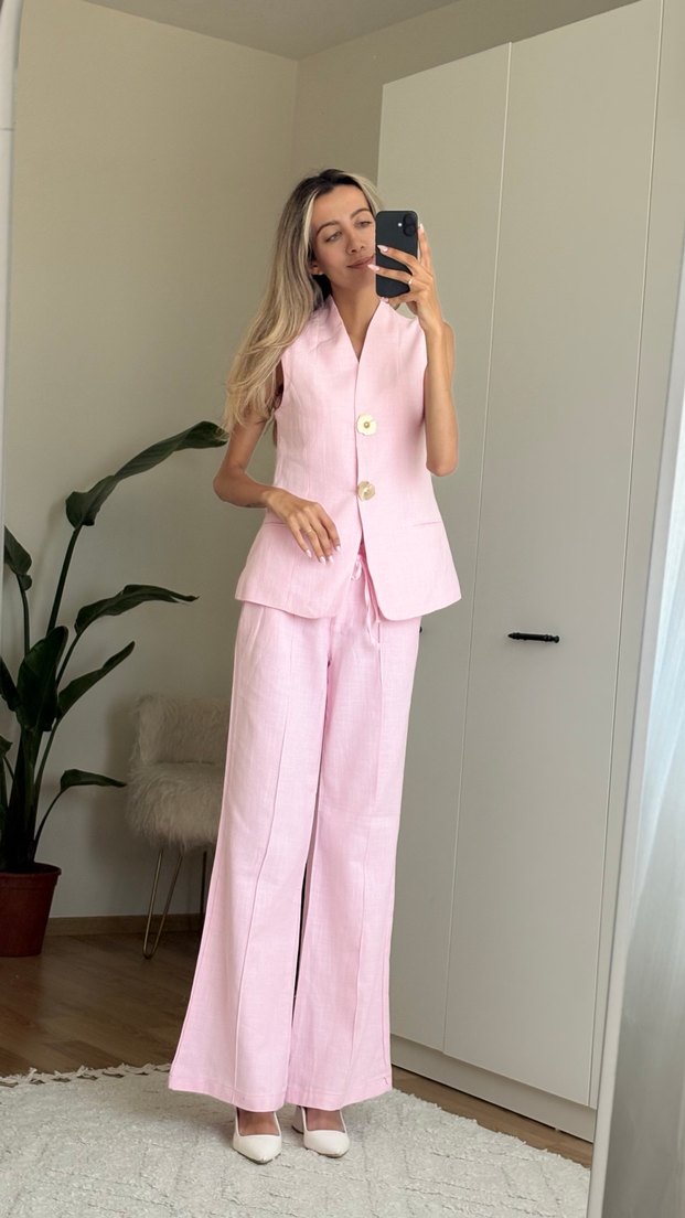 Pudra Renkli Keten Uzun Kadın Takım - Görsel 5