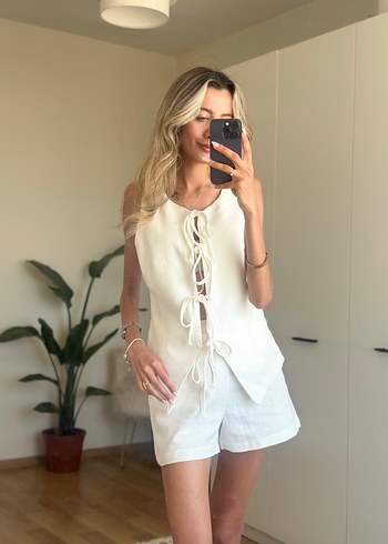 Beyaz Keten Mini Kadın alt üst takım - Görsel 5