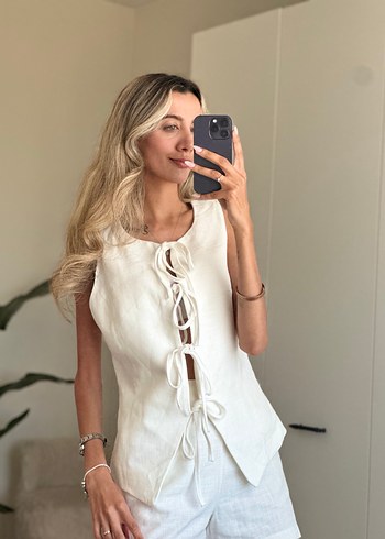 Beyaz Keten Mini Kadın alt üst takım - Görsel 6