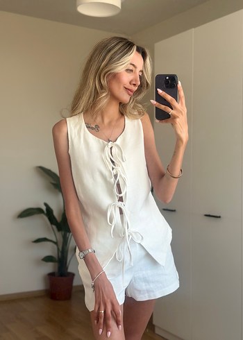 Beyaz Keten Mini Kadın alt üst takım - Görsel 3