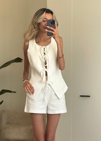 Beyaz Keten Mini Kadın alt üst takım - Görsel 4