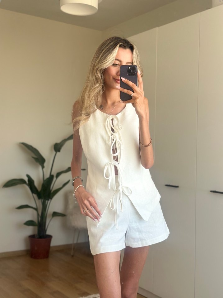 Beyaz Keten Mini Kadın alt üst takım - Görsel 5
