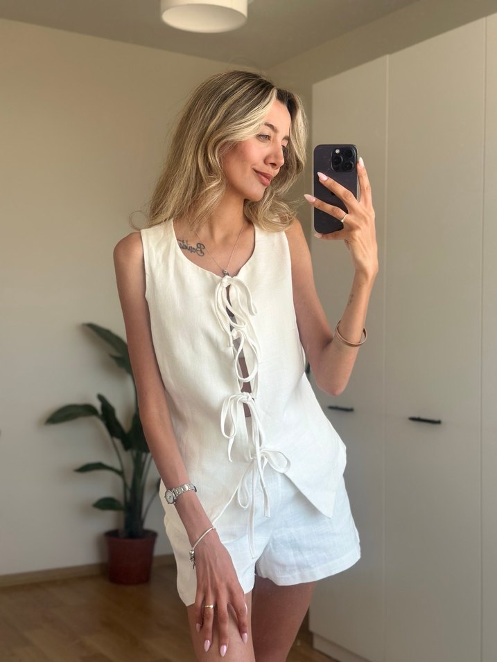 Beyaz Keten Mini Kadın alt üst takım - Görsel 3