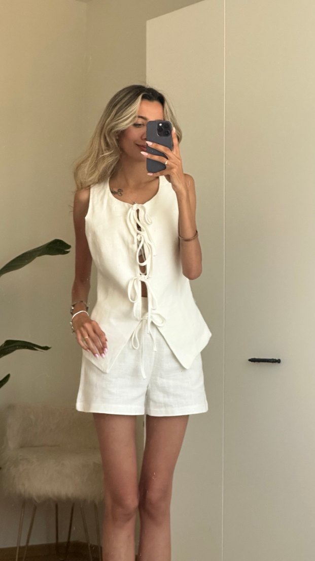 Beyaz Keten Mini Kadın alt üst takım - Görsel 4