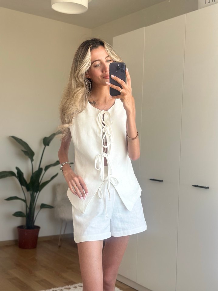 Beyaz Keten Mini Kadın alt üst takım - Görsel 2