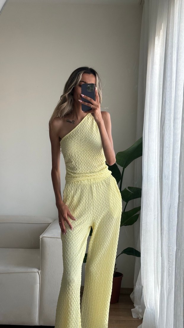 Sarı Tek Omuz Triko takım - Görsel 3