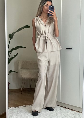 Bej Keten V Yaka Bohem Kadın takım - Görsel 6