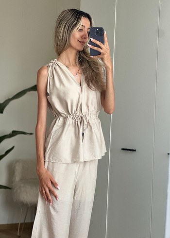 Bej Keten V Yaka Bohem Kadın takım - Görsel 4