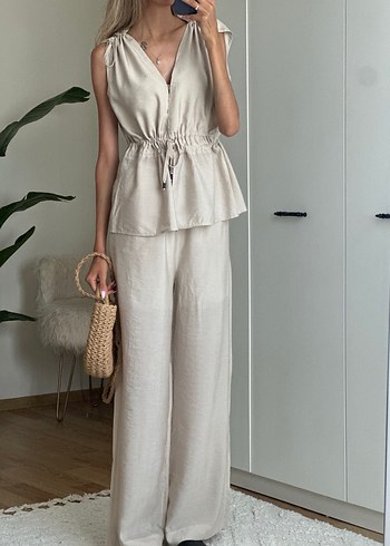 Bej Keten V Yaka Bohem Kadın takım - Görsel 3