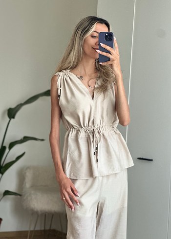 Bej Keten V Yaka Bohem Kadın takım - Görsel 5