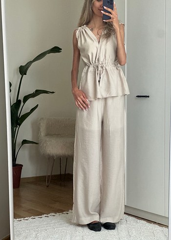 Bej Keten V Yaka Bohem Kadın takım - Görsel 8