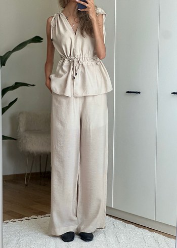 Bej Keten V Yaka Bohem Kadın takım - Görsel 2