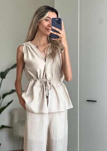 Bej Keten V Yaka Bohem Kadın takım - Görsel 7