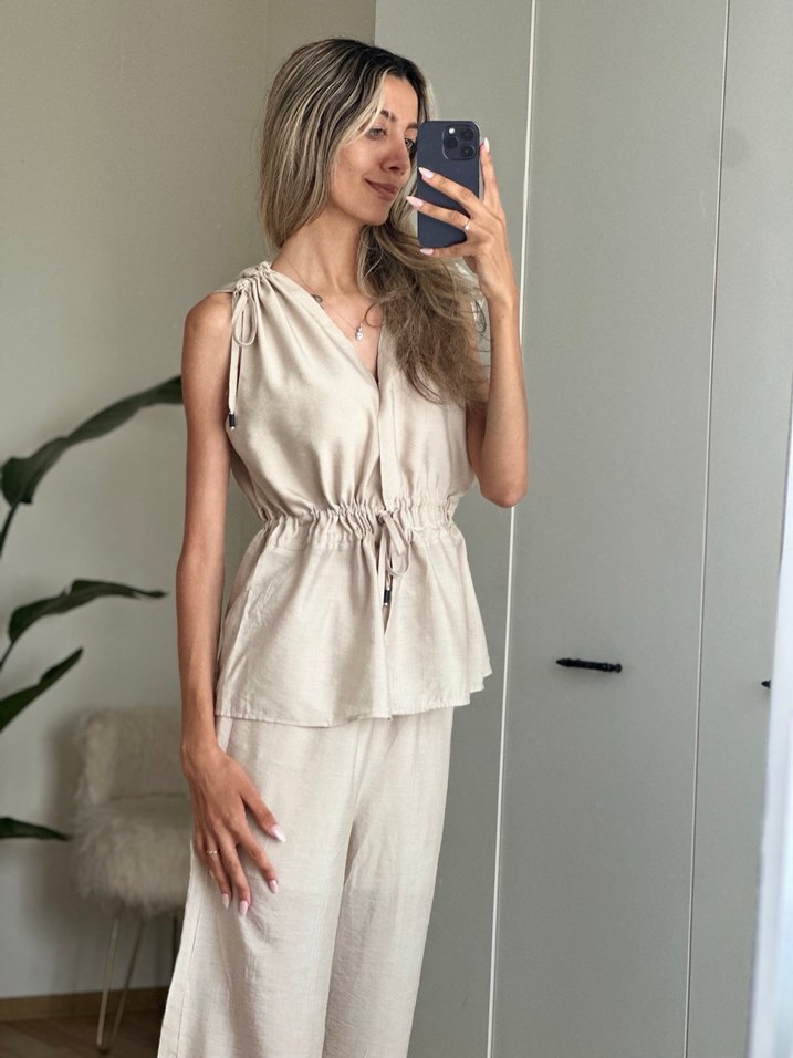 Bej Keten V Yaka Bohem Kadın takım - Görsel 4