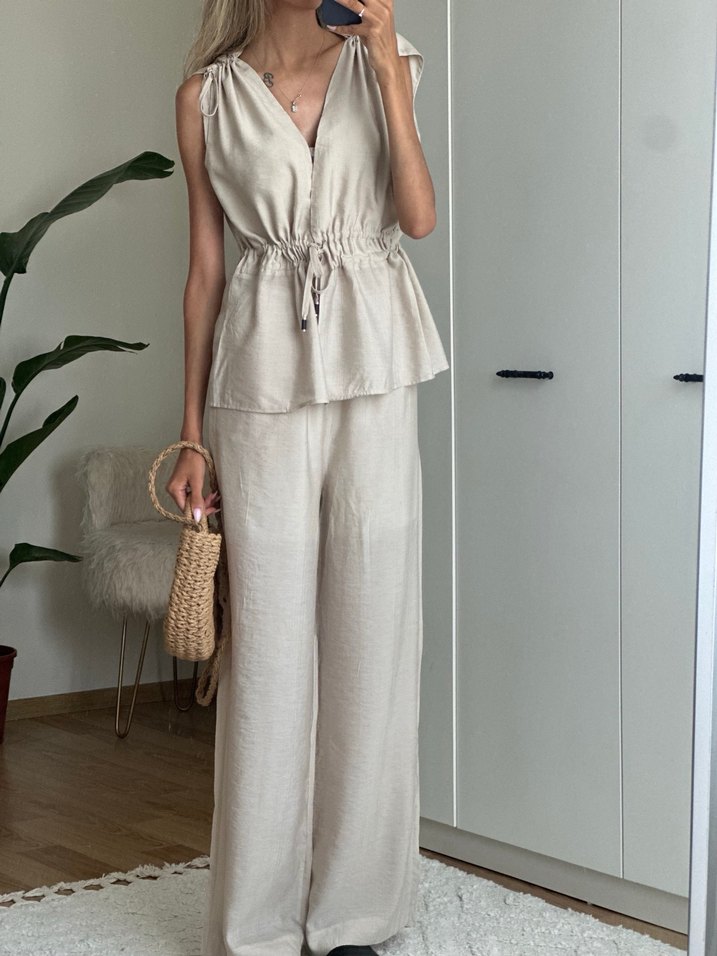 Bej Keten V Yaka Bohem Kadın takım - Görsel 3