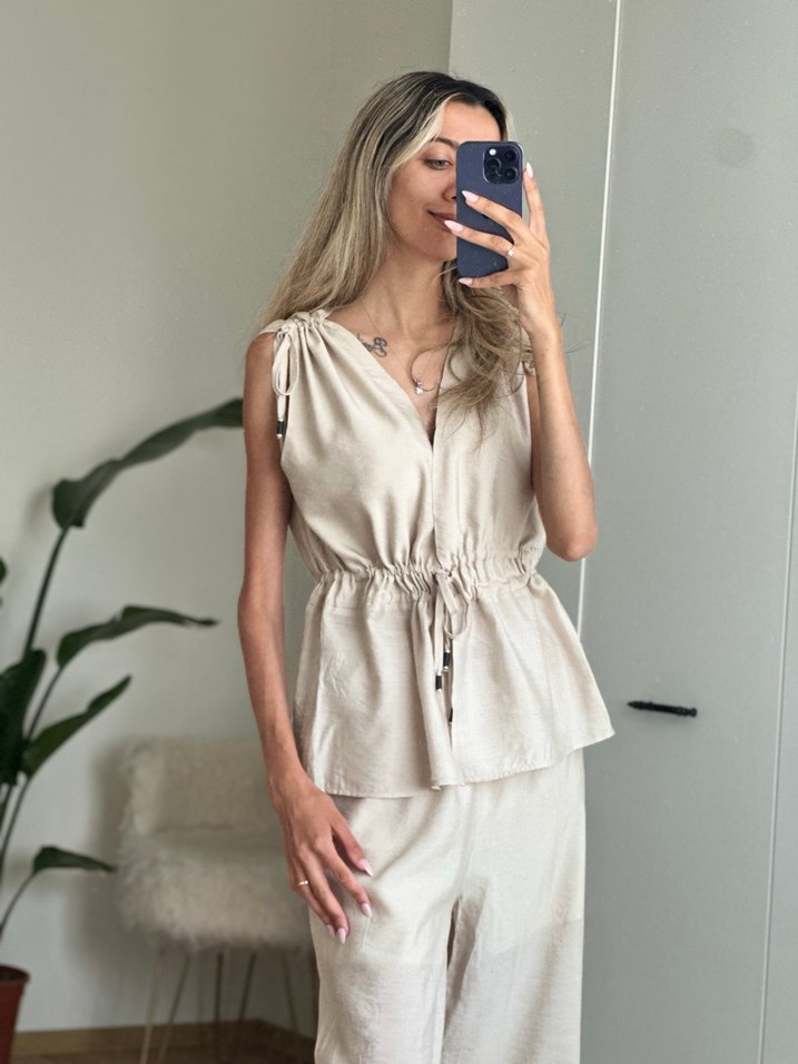 Bej Keten V Yaka Bohem Kadın takım - Görsel 5