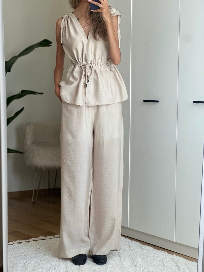 Bej Keten V Yaka Bohem Kadın takım - Görsel 2