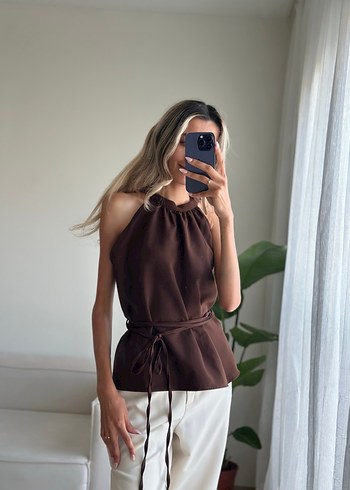 Kahverengi Saten Halter Yaka Bluz - Görsel 7