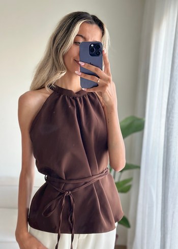 Kahverengi Saten Halter Yaka Bluz - Görsel 4