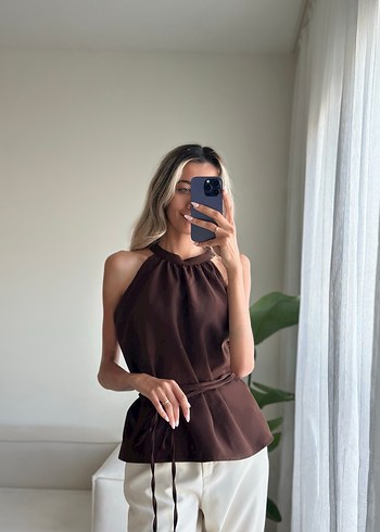 Kahverengi Saten Halter Yaka Bluz - Görsel 5