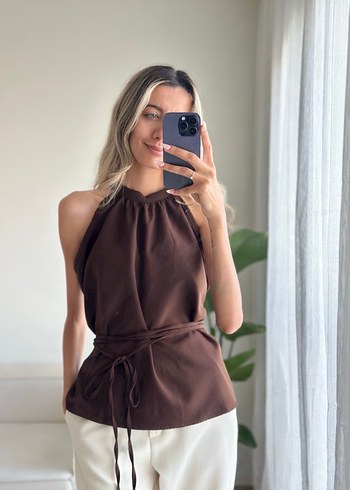 Diğer Kahverengi Saten Halter Yaka Bluz