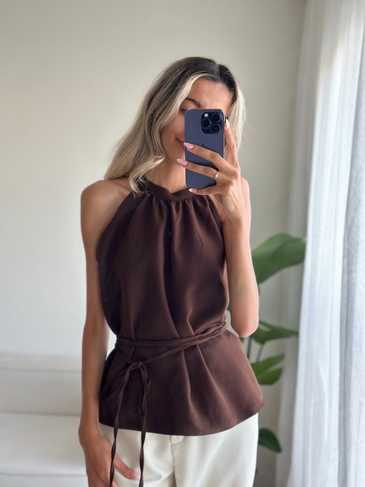 Kahverengi Saten Halter Yaka Bluz - Görsel 3